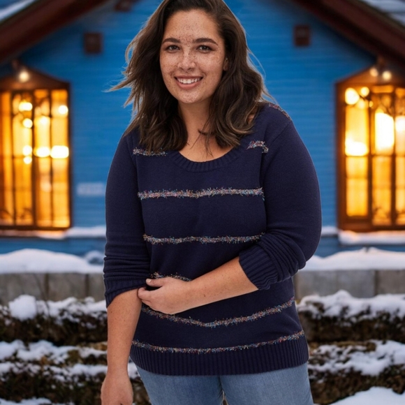 Torrid Tinsel Stripe Holiday Sweater Navy 1X - Picture 1 of 9
